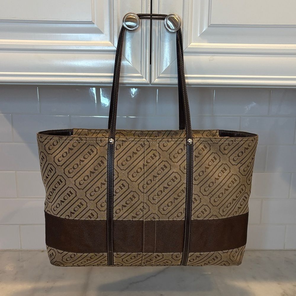 Coach Bag Purse Handbag Signature Lozenge Logo Canvas Shoulder Tote Bag Brown